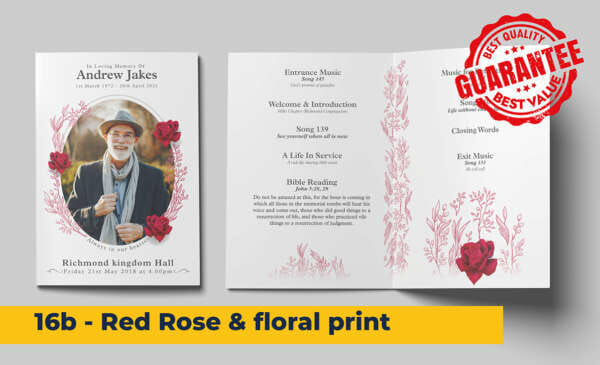 Striking floral detail with red roses funeral order of service template