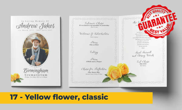 Yellow flowers, classic details with delicate frame design funeral order of service template