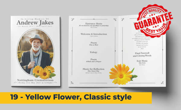 gerbera flowers, yellow classic design funeral order of service template