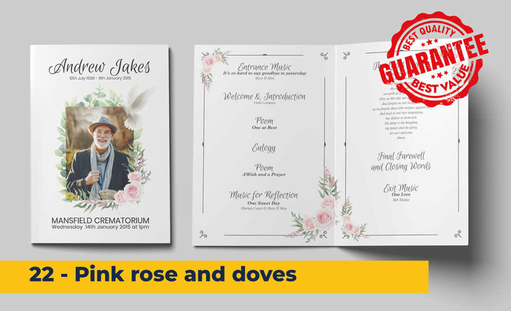 pink roses, doves and rose foliage details funeral order of service template