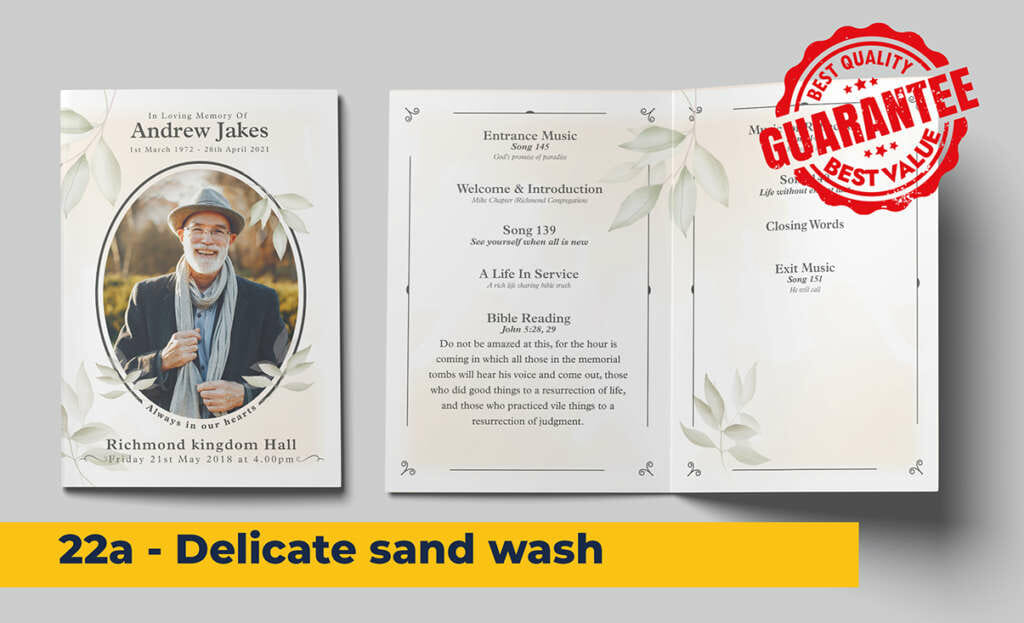 Delicate sand wash, simple design with green leaves funeral order of service template