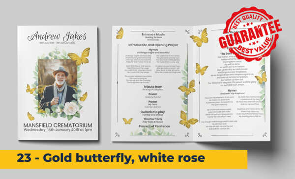 Gold butterflies, butterfly and green foliage decoration funeral order of service template