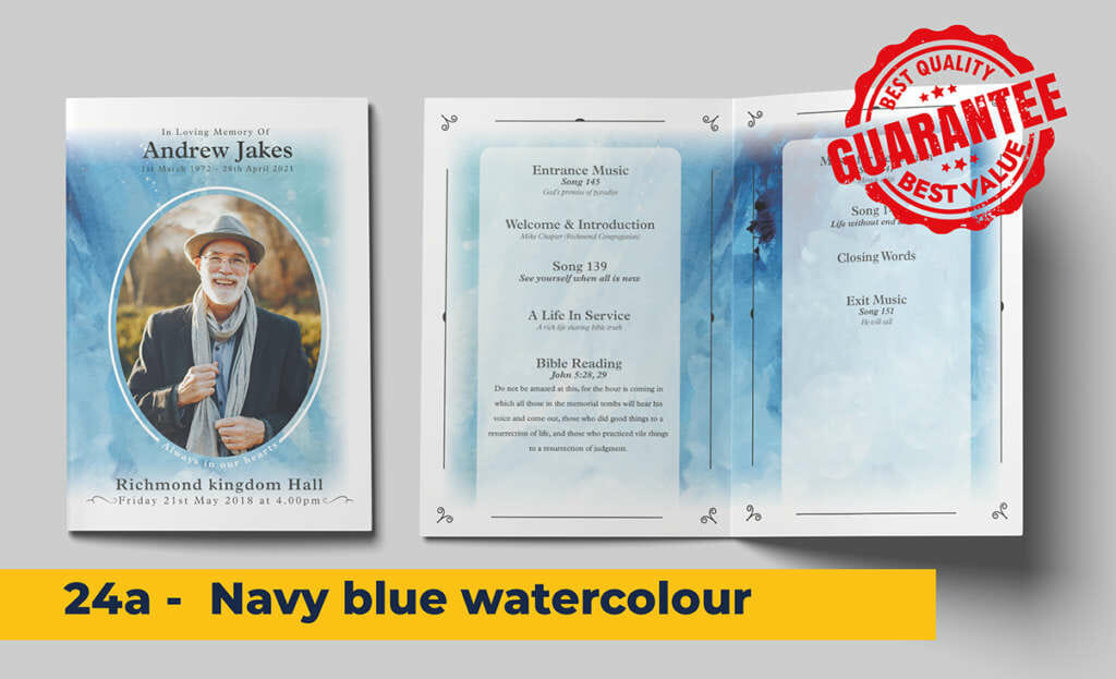 Vibrant blue background, watercolour effect, white transparent frame detail funeral order of service template