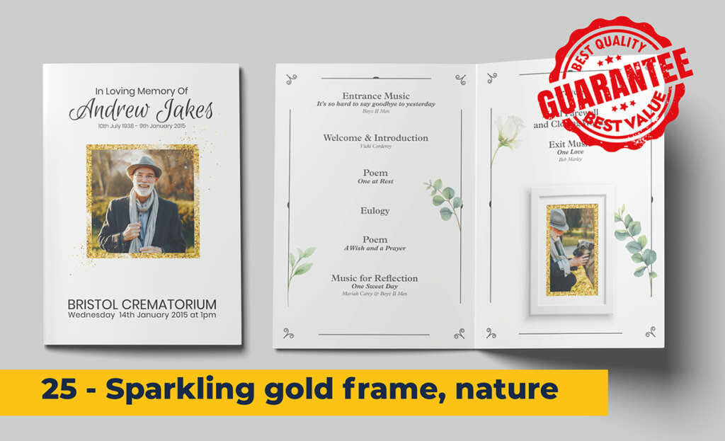 Gold square frame, simple design and green foliage funeral order of service template