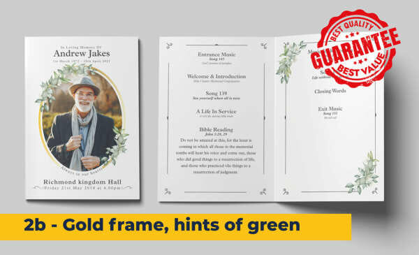 Gold Frame, hints of green funeral order of service template