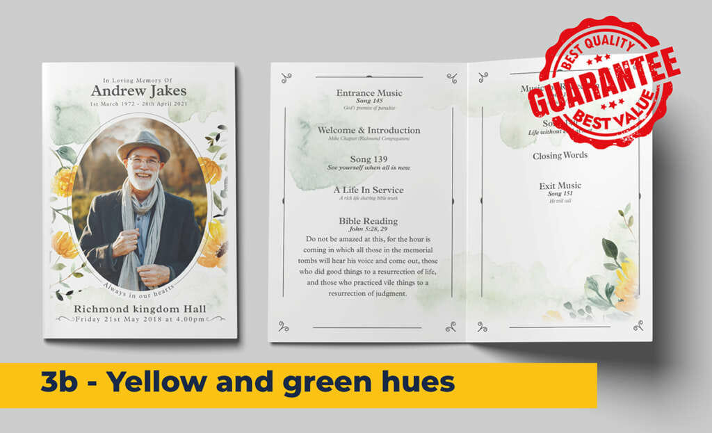 Yellow flowers and green hues funeral order of service template