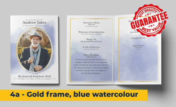 Gold frame, blue watercolour wash funeral order of service template