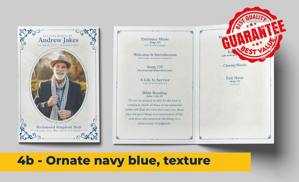 Ornate navy blue with sandy textured background funeral order of service template