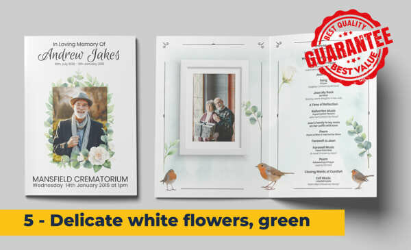 Delicate white flowers with green watercolour background funeral order of service template