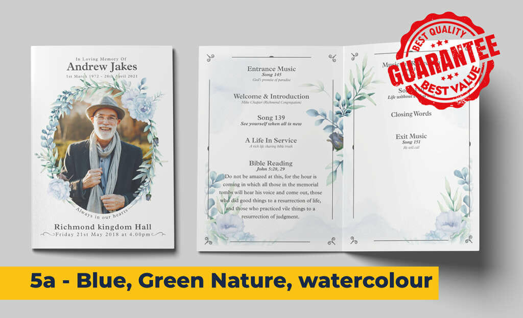 Light blue flowers, green nature with a watercolour wash background funeral order of service template