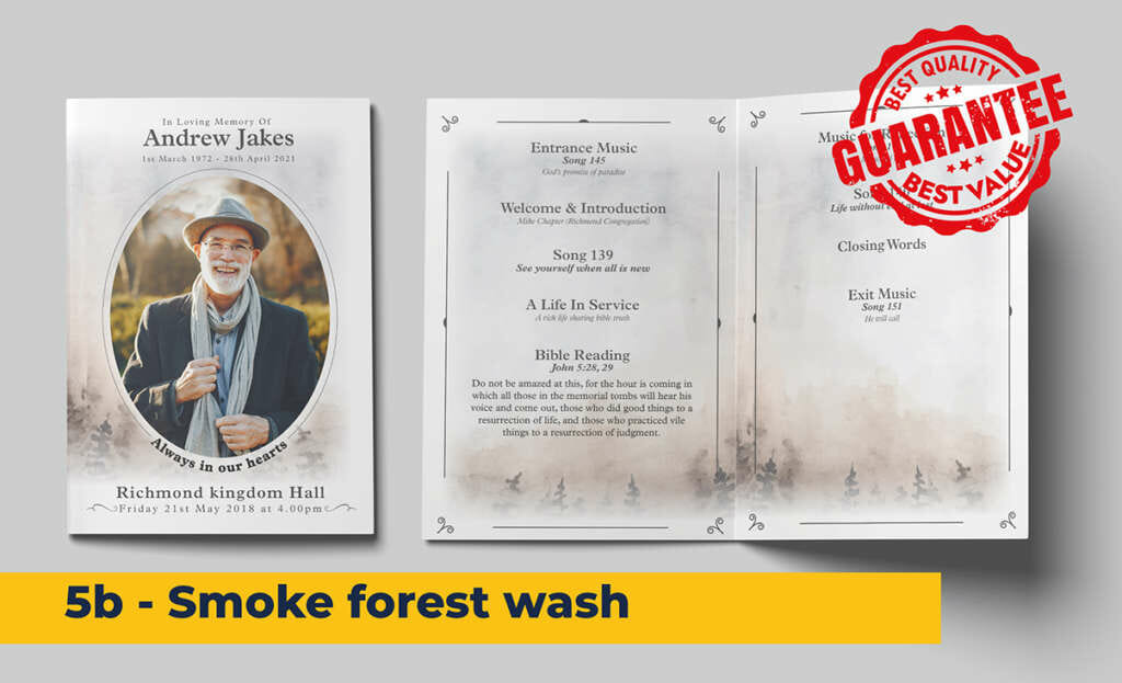 Smoke forest, browns with a moody watercolour wash background funeral order of service template