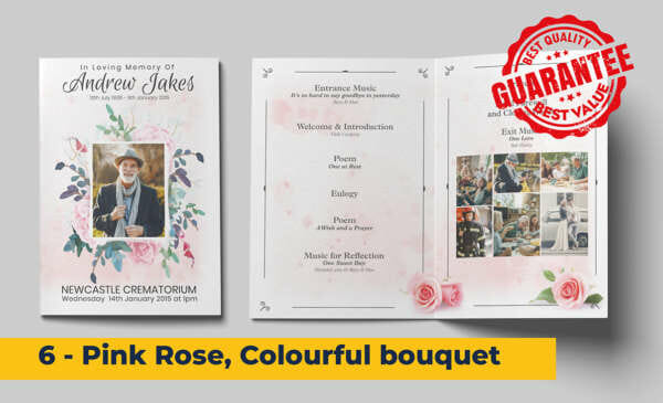 Pink rose with a colourful bouquet of flowers funeral order of service template