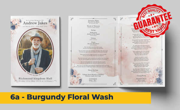 Burgundy colours with a floral wash background funeral order of service template