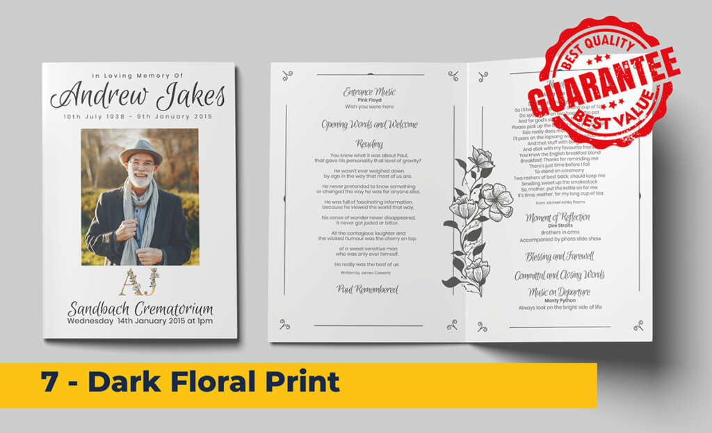 Dark stylised floral print, simple design funeral order of service template