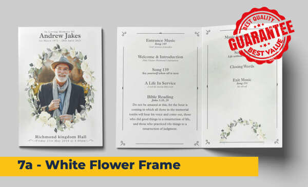 White flowers, roses, with a soft green background watercolour funeral order of service template