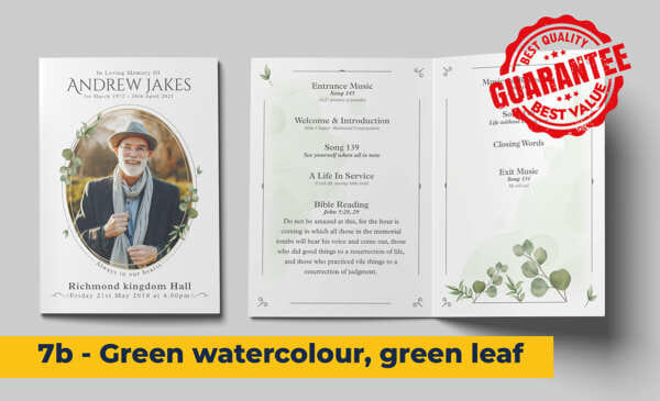 green leaves, green watercolour background funeral order of service template