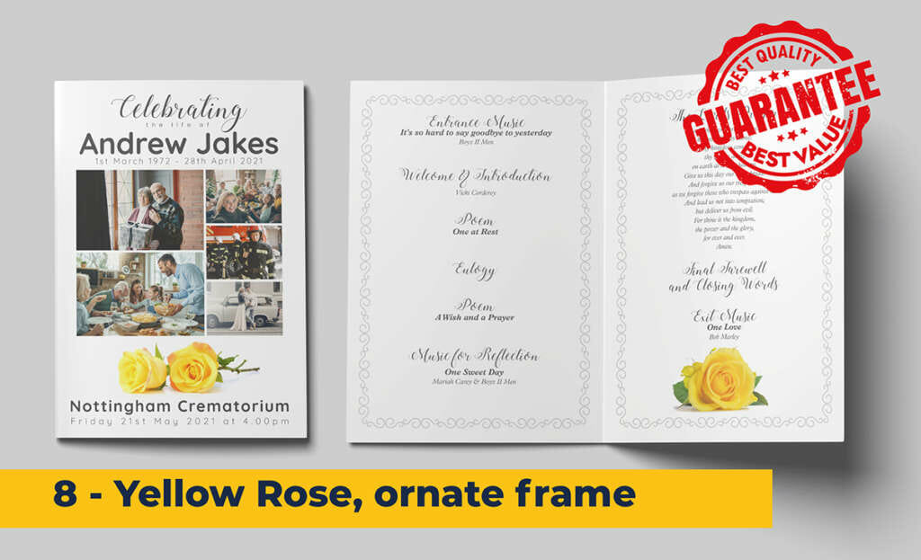 Yellow roses, intricate patterned frame funeral order of service template