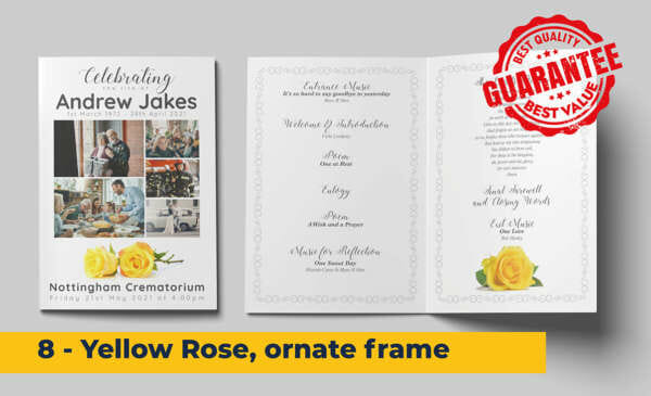 Yellow roses, intricate patterned frame funeral order of service template