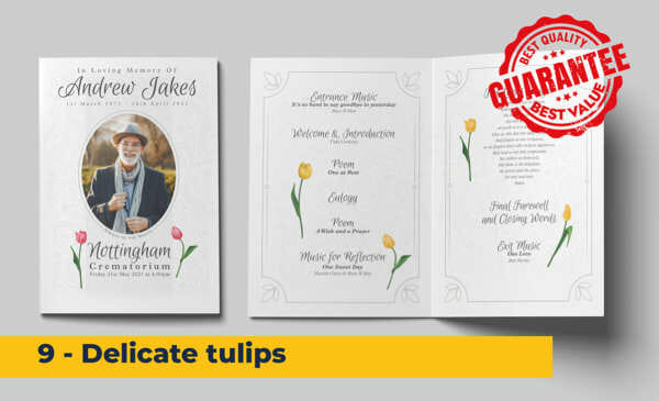 Pink and yellow tulip flowers funeral order of service template