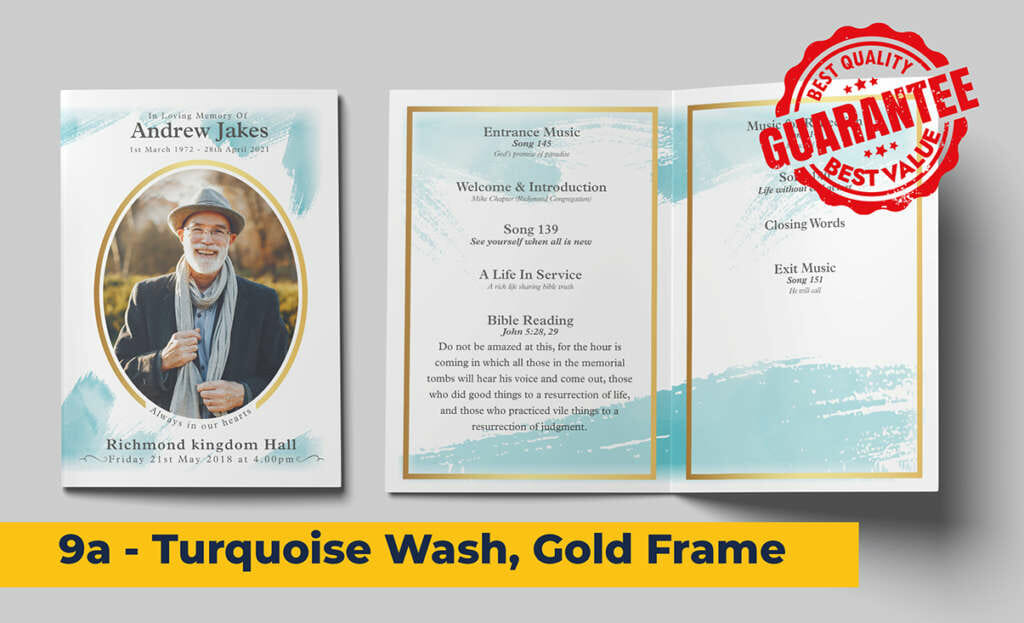 Turquoise and gold striking design funeral order of service template