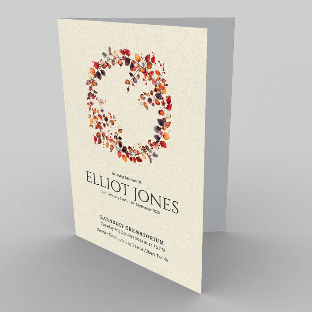 A memorial service card for Elliot Jones featuring a 2.6.7 Hedgerow Wreath (Copy) design, with service details held at Barnsley Crematorium.