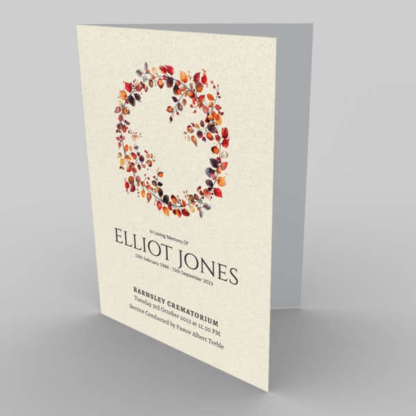 A memorial service card for Elliot Jones featuring a 2.6.7 Hedgerow Wreath (Copy) design, with service details held at Barnsley Crematorium.