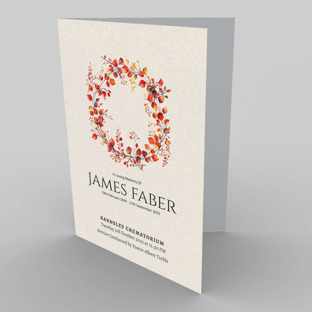Funeral program featuring a 5.2.9 Autumn Fire Wreath design for James Faber with service details.