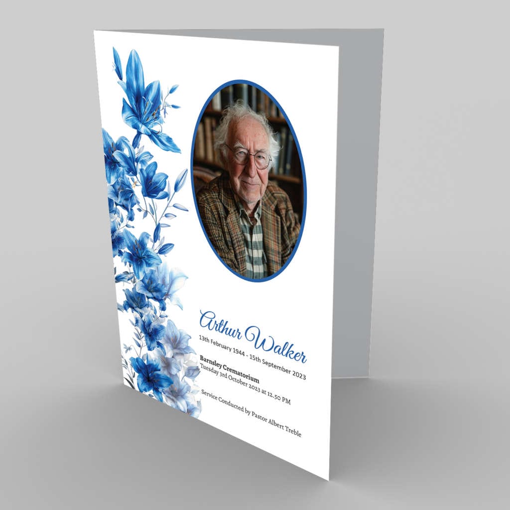 A blue floral funeral program with a 6.7 Seascape 3 image of an old man.