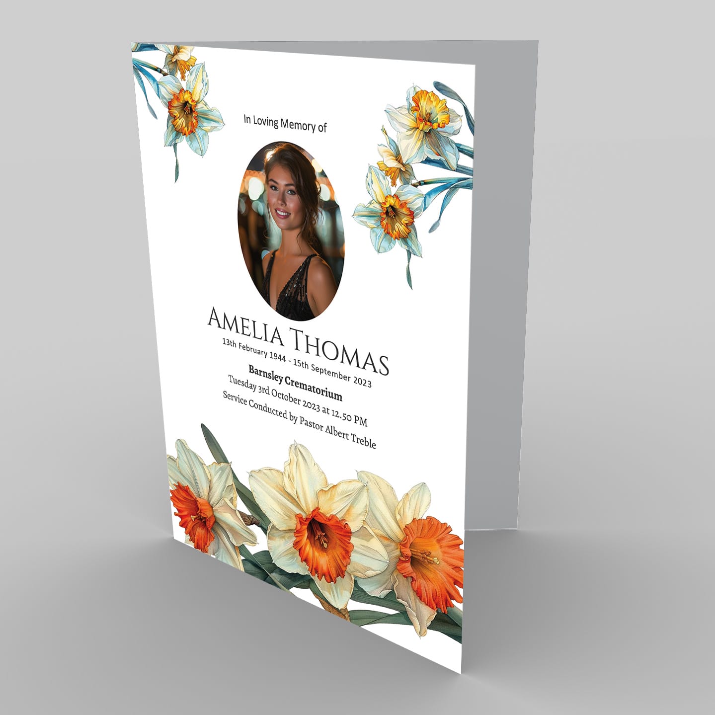 A funeral program featuring a photograph of a woman, with Bright Daffodil floral designs and details of a memorial service.
