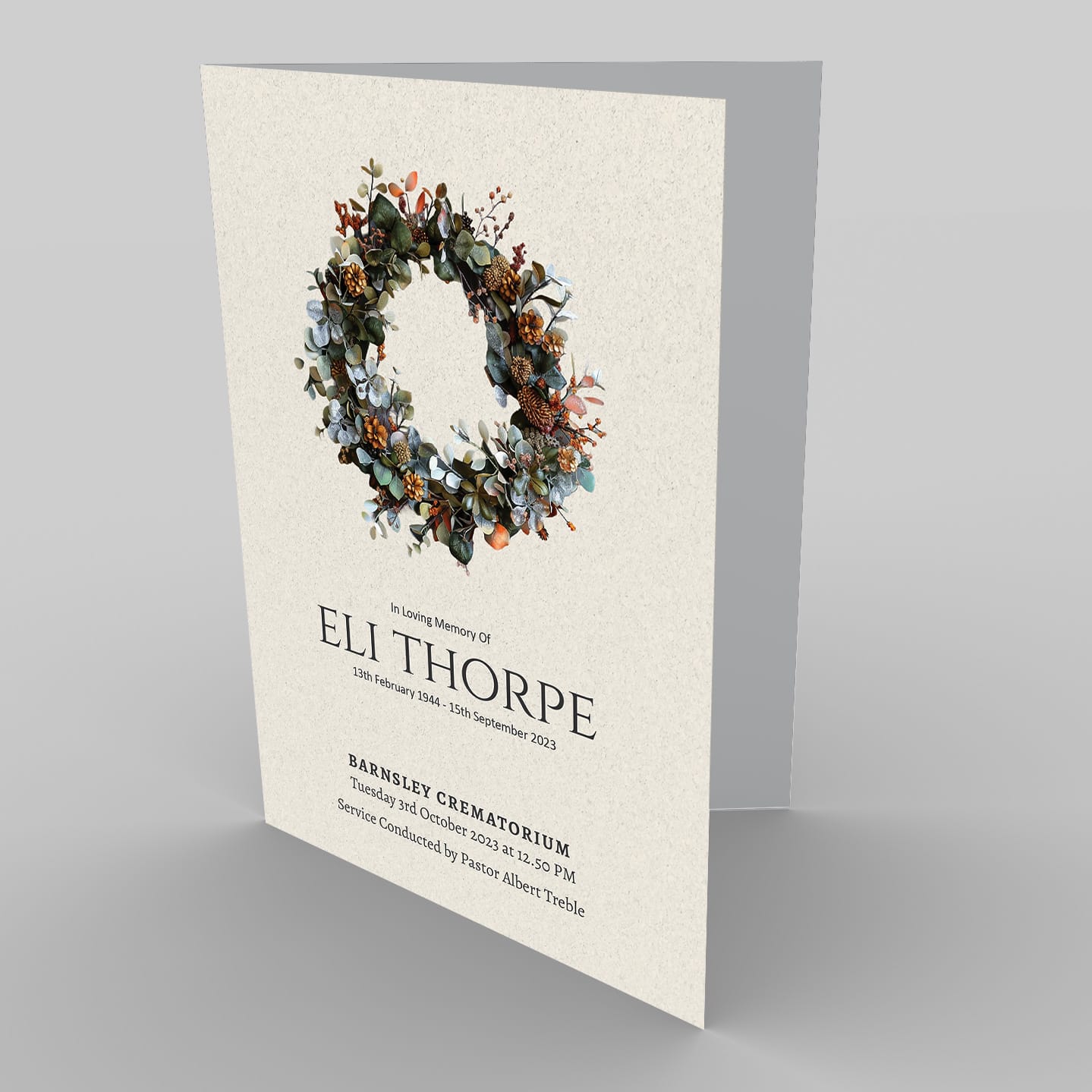 An elegant funeral service program featuring a 2.3.9 Tulip Watercolour floral wreath design with the name "eli thorpe" and service details.