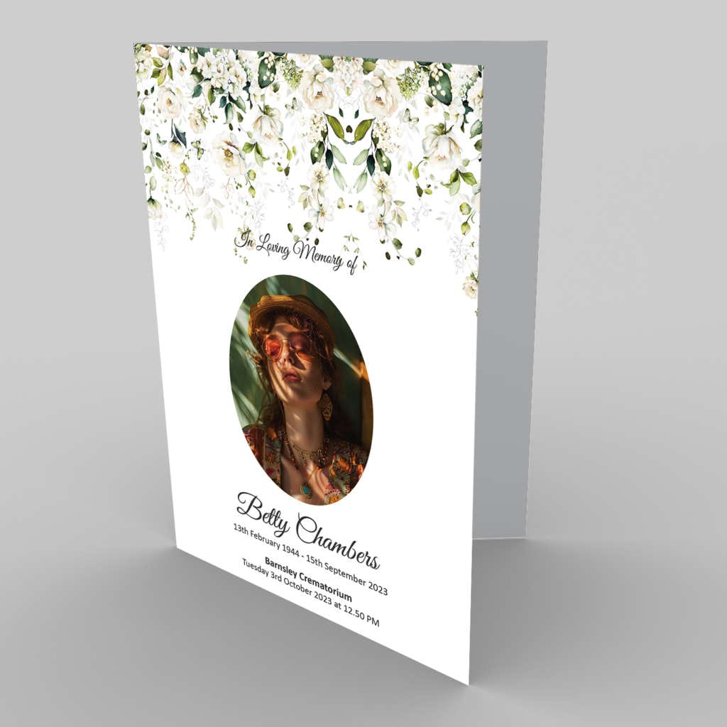 A funeral program template with 2.1 Cascading Flowers and a photo of a woman.