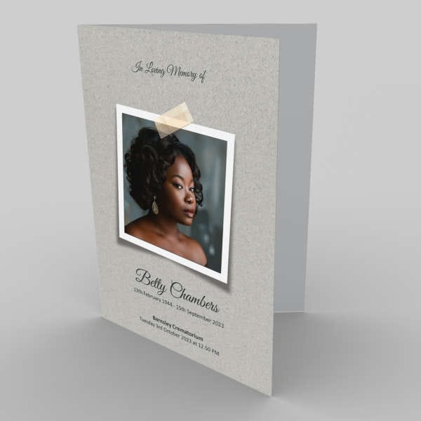 A funeral program template with a 6.2 Cherished Photo of a black woman.