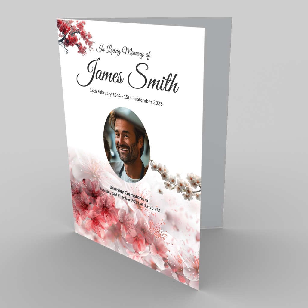 A memorial service program featuring a 1.9.4 Photo in Gold of a smiling man, with floral designs and gold text in remembrance of James Smith.