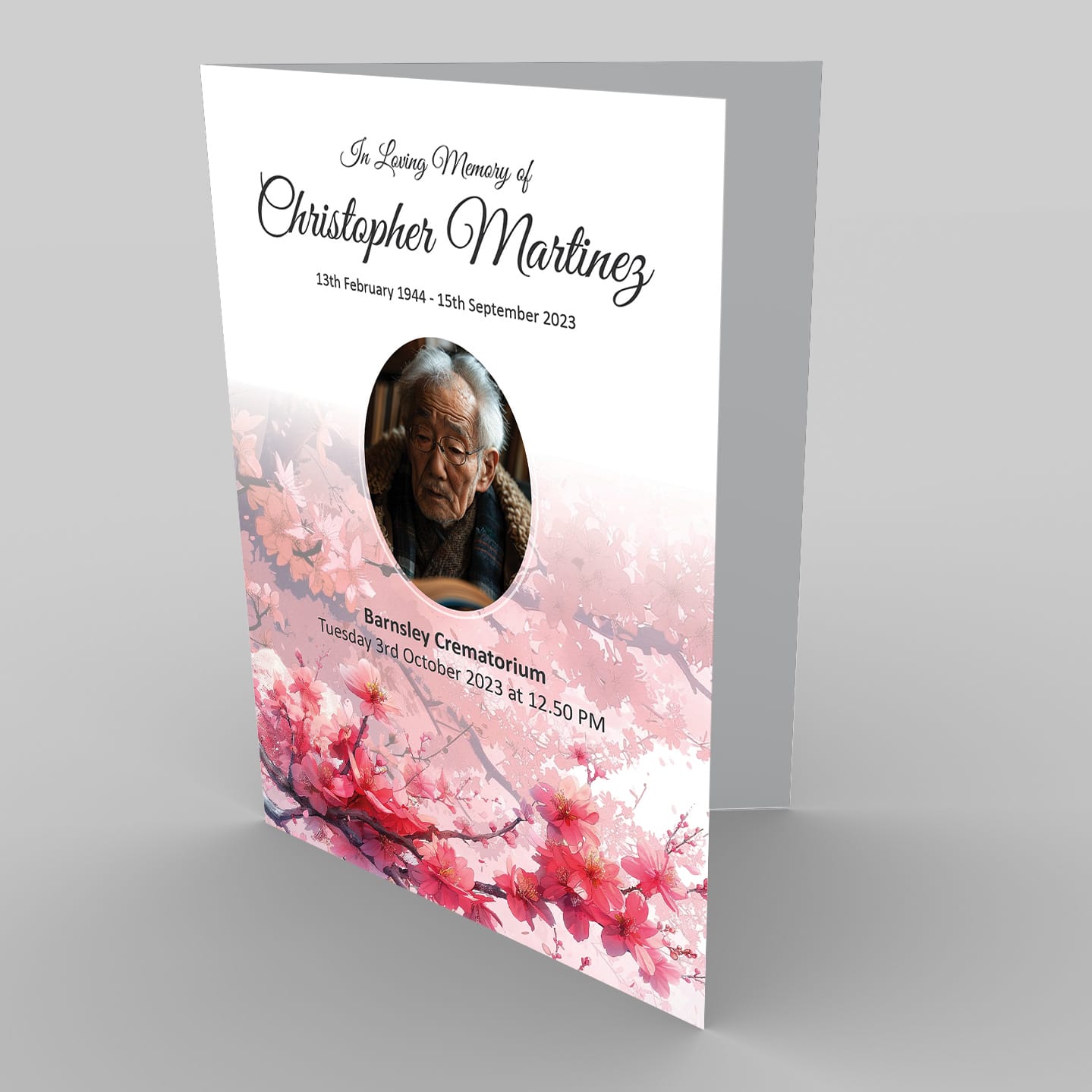 A memorial service program featuring "In Loving Memory of Christopher Martinez" with 22.1 Cherry Blossom 3 designs and service details.