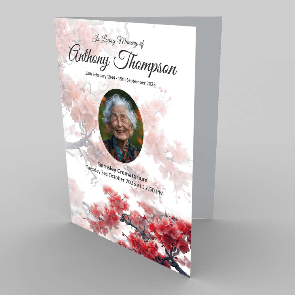 A memorial service program featuring a 99.1 Cherry Blossom 5 design and a photo of Anthony Thompson's loved one.