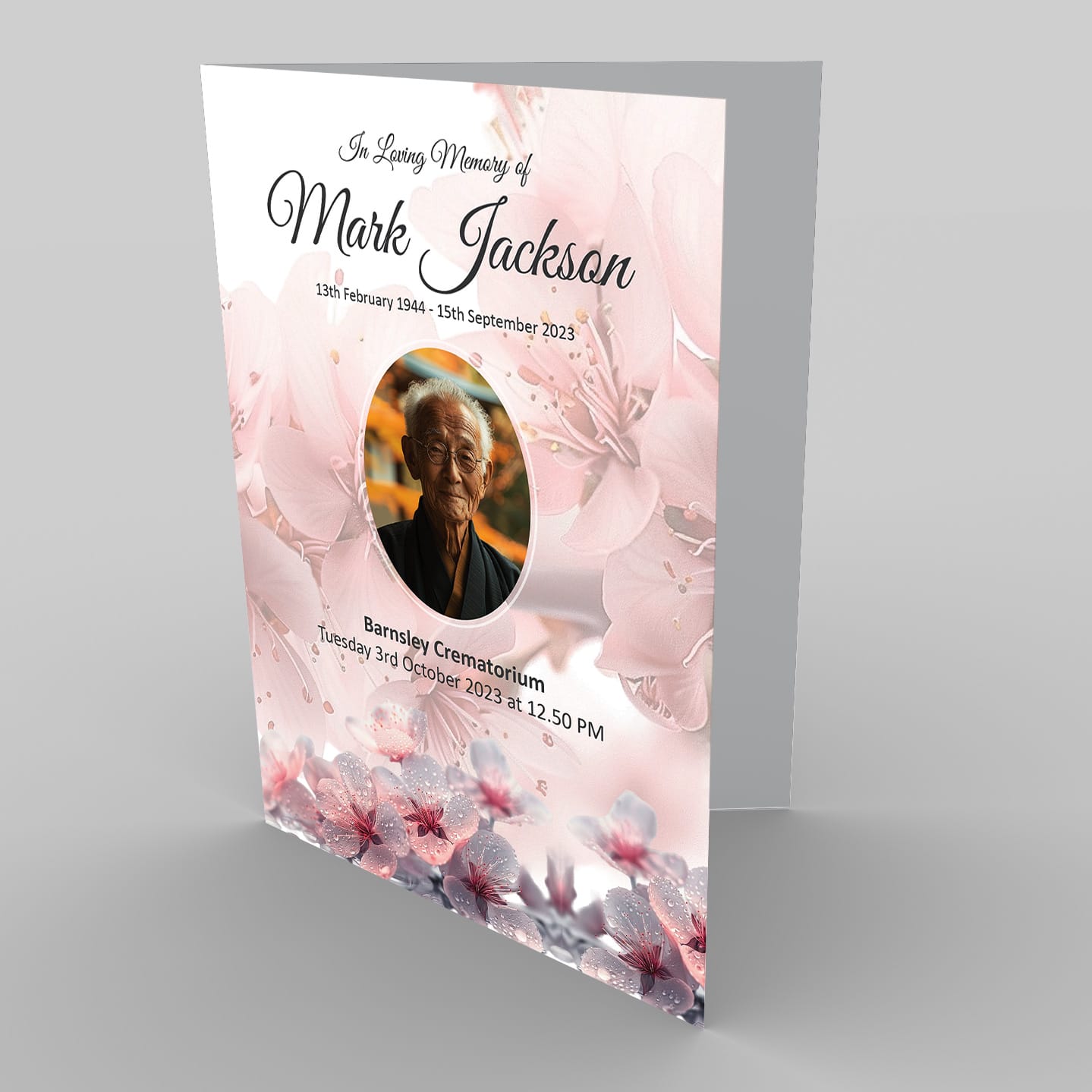 A memorial service program featuring a photo of Mark Jackson, with 1.7.3 Cherry Blossom (Copy) embellishments and service details.