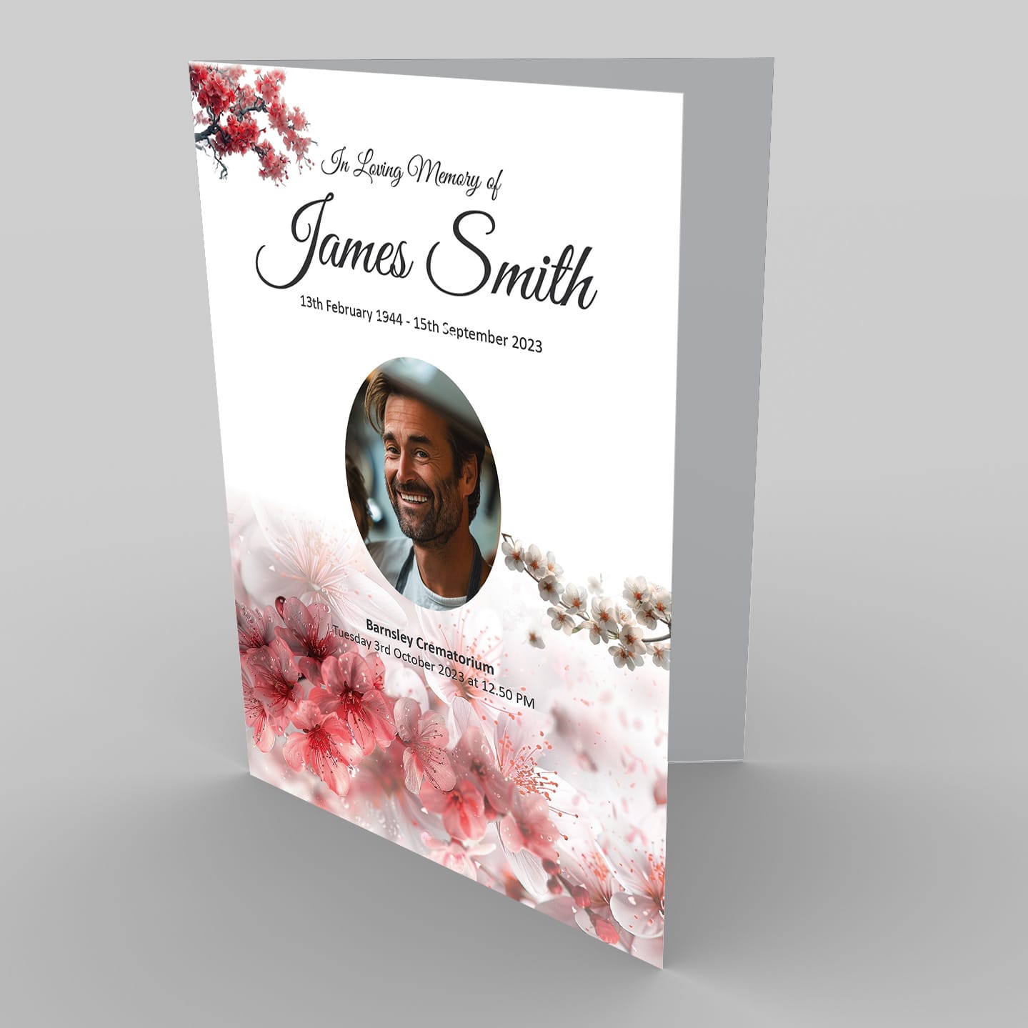 A memorial service program featuring a 1.9.4 Photo in Gold of a smiling man, with floral designs and gold text in remembrance of James Smith.