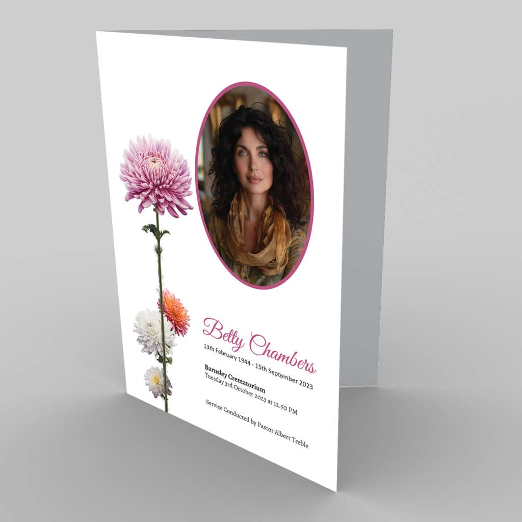 A funeral program with a 6.2 Cherished Photo (Copy) of a woman and flowers.