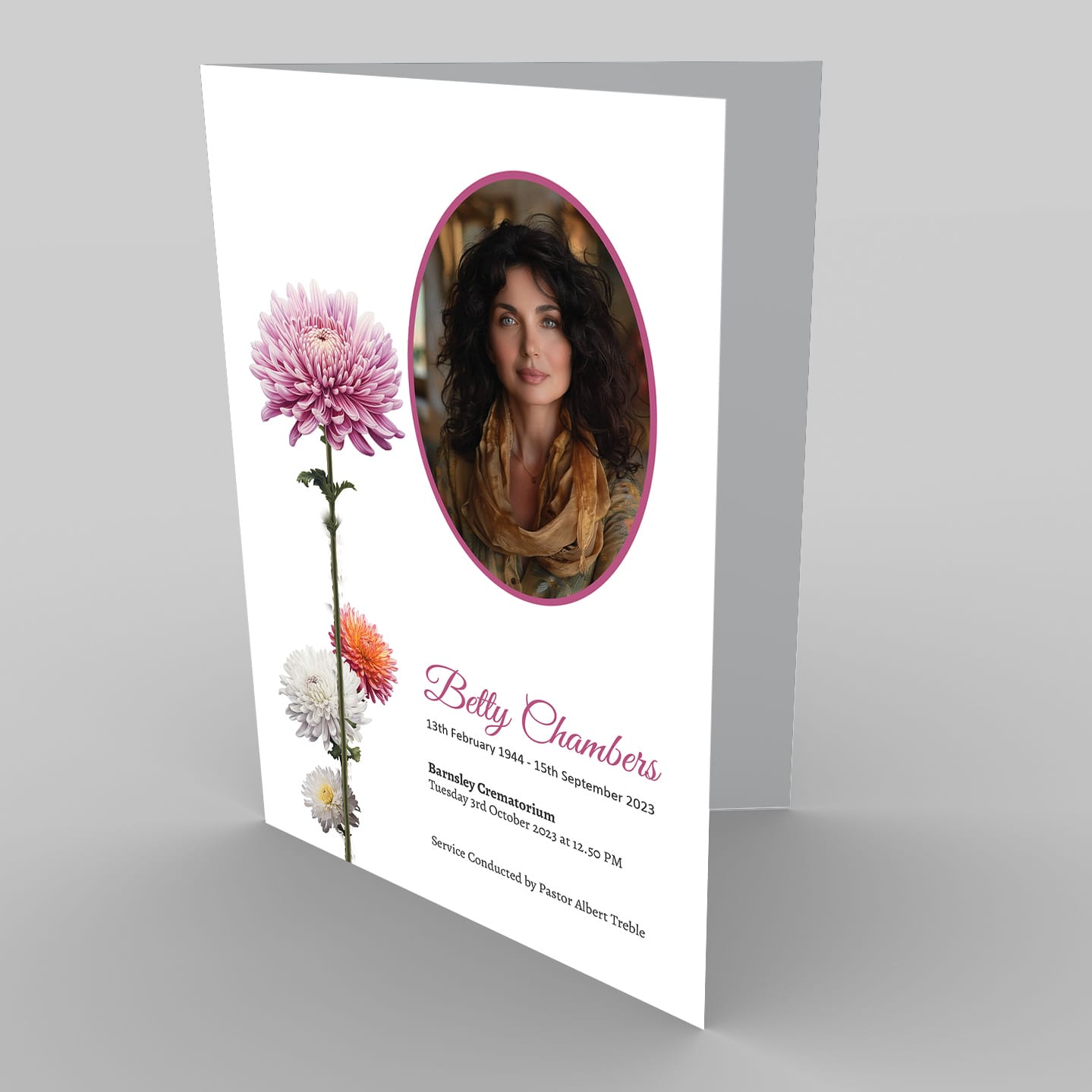 A funeral program with a 6.2 Cherished Photo (Copy) of a woman and flowers.