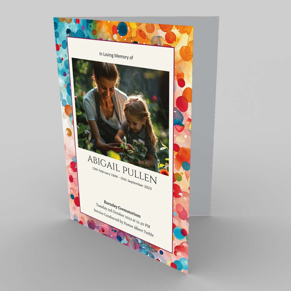 A memorial service card featuring a photo of an adult and a child, set against the 2.8.4 Colourful Dream Scene (Copy), commemorating Abigail Pullen.