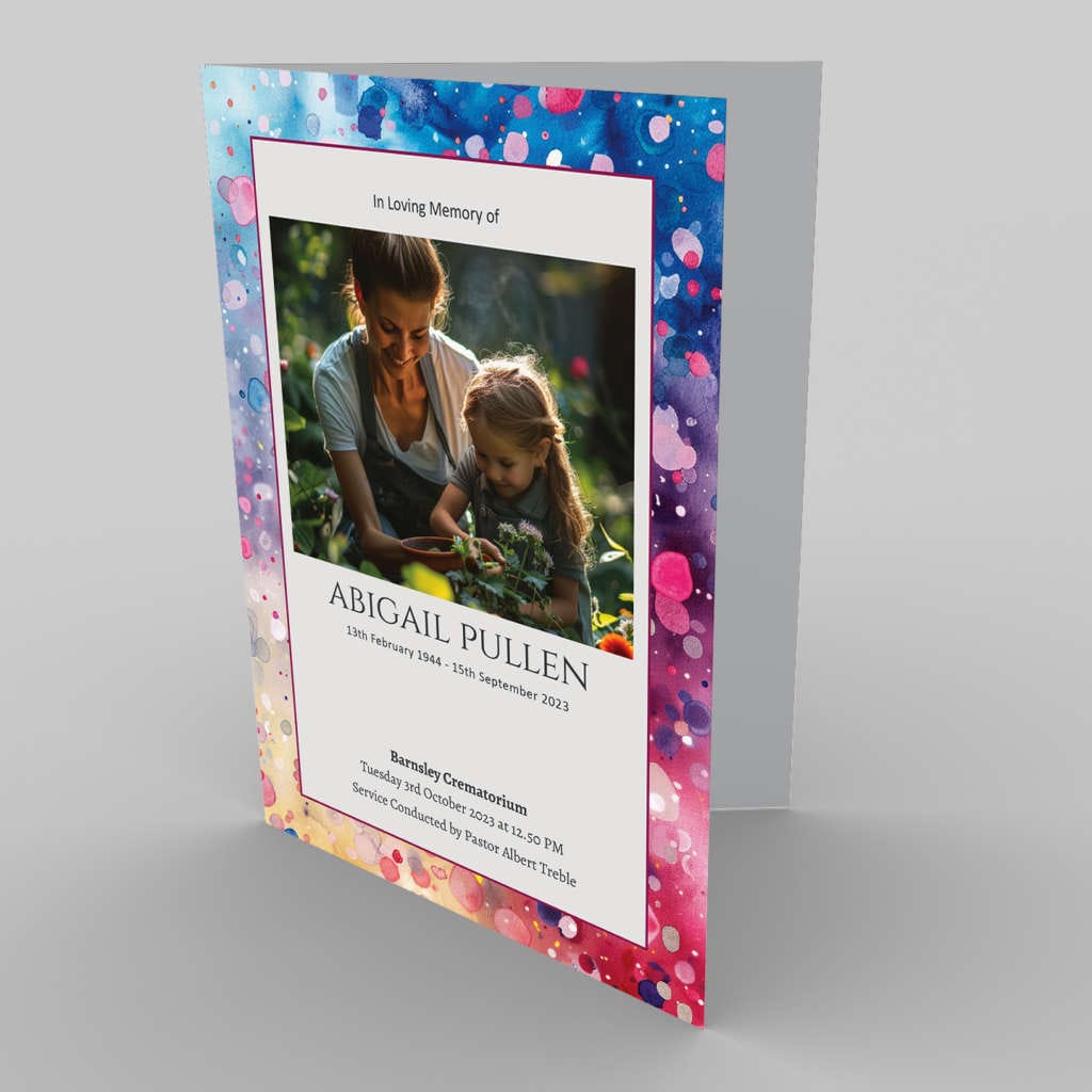 A memorial service program featuring an image of a woman and child with a colorful border incorporating 3.1.5 Colours Movement and text commemorating 'abigail pullen'.