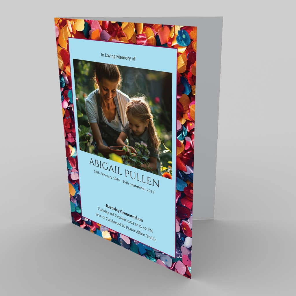 A memorial service program featuring a photo of a woman and a child gardening, framed by colorful leaves with 4.4.1 Confetti Colours, with a dedication to 'Abigail Pullen'.