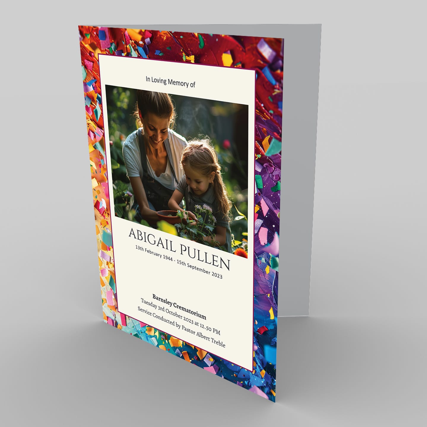 A 2.2 Daisy Remembrance with the text 'in loving memory of Abigail Pullen' featuring a photo of a woman and a young girl planting a daisy together.
