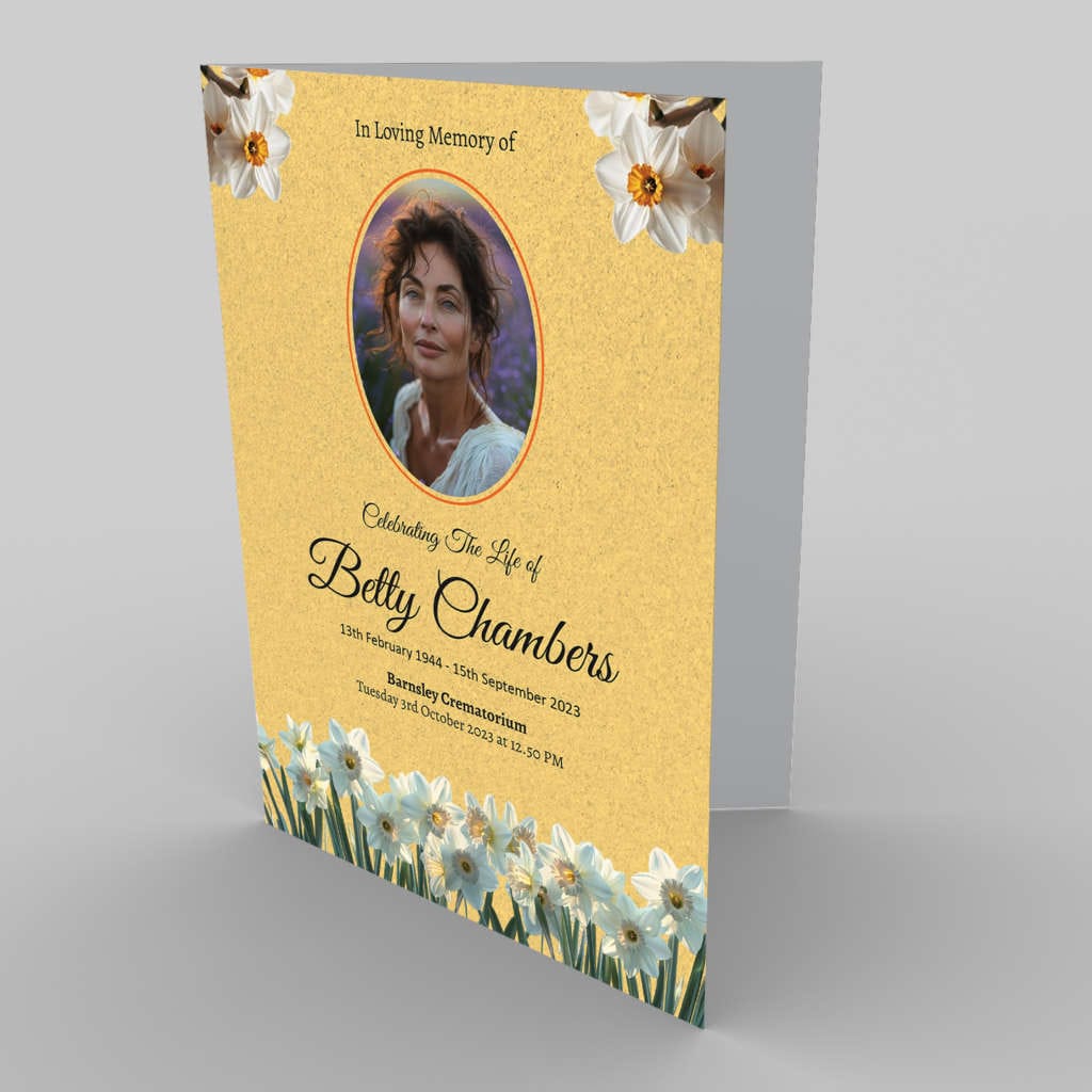 A funeral program with a 45.2 Striking Daffodil (Copy) of a woman and daffodils.
