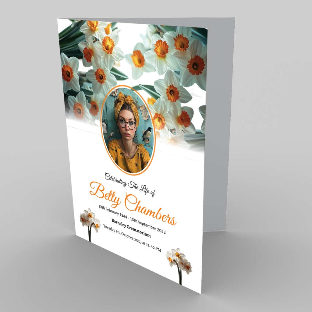 A funeral program template with an image of a woman surrounded by 23.1 Daffodil Detail (Copy).