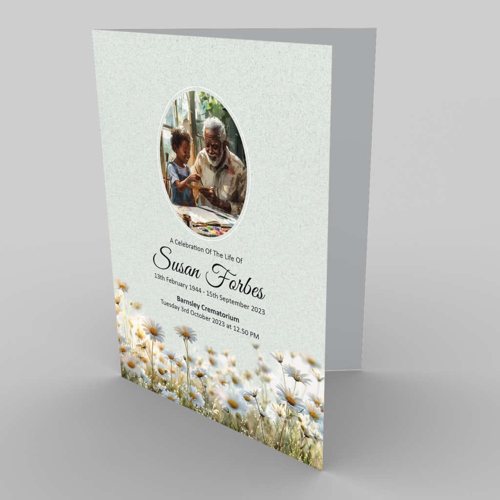 A memorial service invitation featuring a copy of a photo of a grandparent and grandchild, adorned with a 7.5 Dancing Colours daisy motif.