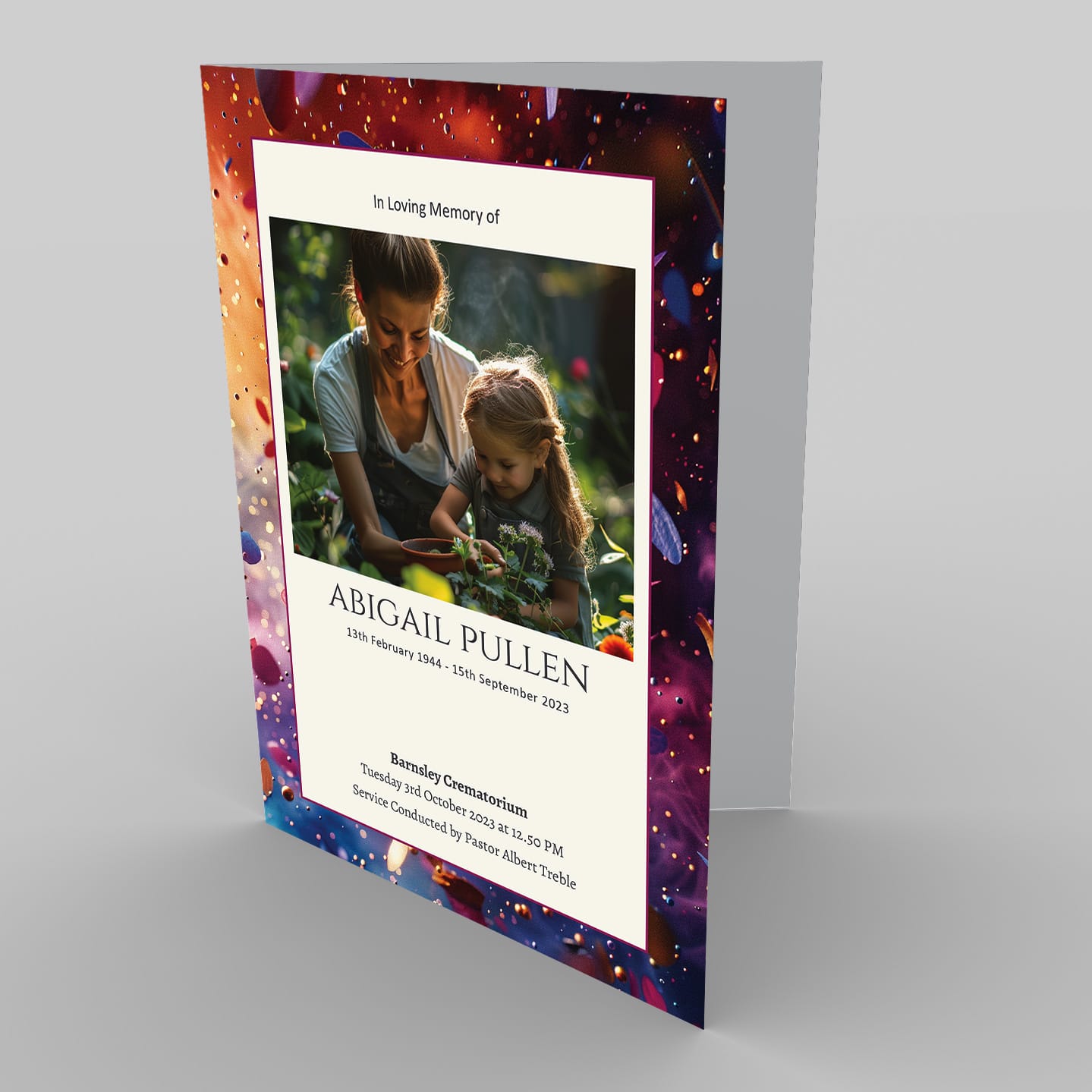 Memorial service program featuring a photograph of a woman and a young girl gardening, titled "In Loving Memory of Abigail Pullen" with a 1.9 Dove Sketch 1.