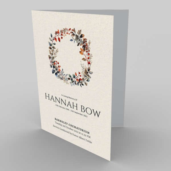 A funeral service program for Hannah Bow, featuring a 2.9.3 Dancing Wreath design on the cover.
