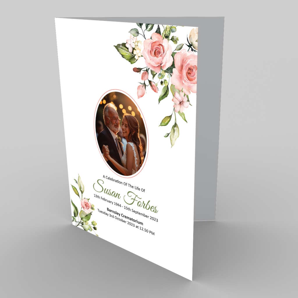 A memorial service program featuring the 1.2.8 Delicate Rose Tints design and a photo of a couple, titled "A Celebration of the Life of Susan Forbes.