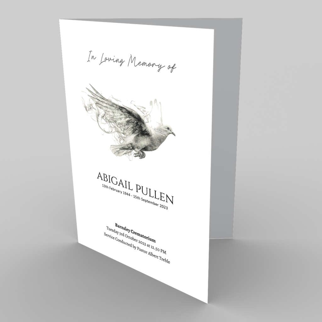 Memorial service program featuring a 4.9 Dove Sketch 2 (Copy) with the name "abigail pullen" and the dates "21st January 1954 - 14th September 2023".